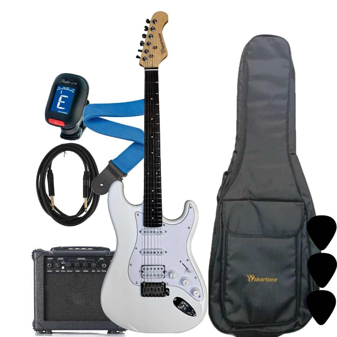 Wakertone VK77R-WH električni gitarski paket sa belom gitarom (Rosewood fretboard), Vaker VG15 pojačalom, Rowin štimerom, vodootpornom torbom, kaišem i kablom