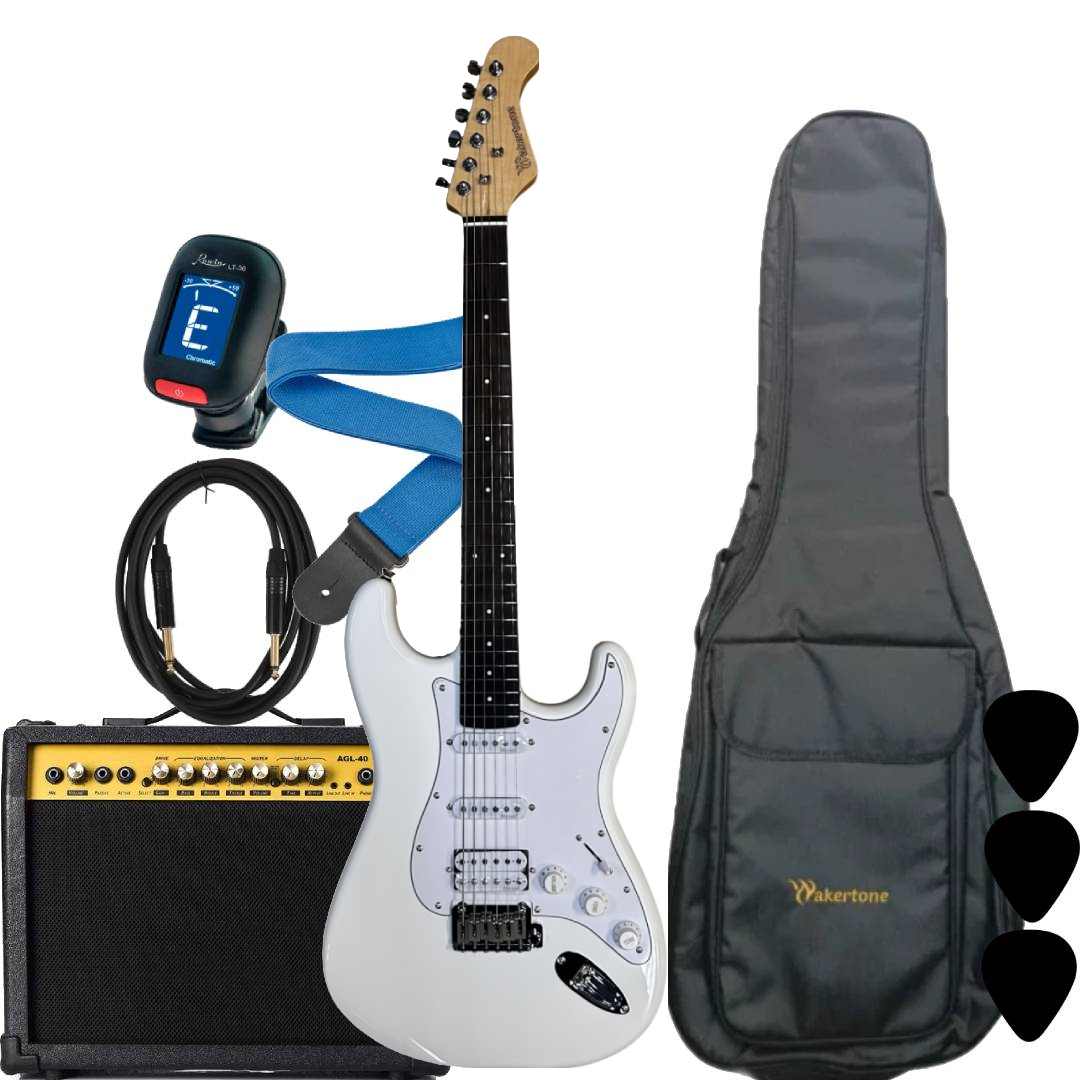 Wakertone VK77R-WH električni gitarski paket sa belom gitarom (Rosewood fretboard), Vaker AG40 pojačalom od 40W, Rowin štimerom, vodootpornom torbom, kaišem i kablom