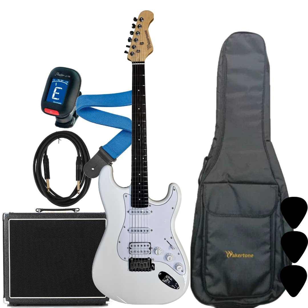 Wakertone VK77R-WH električni gitarski paket sa belom gitarom (Rosewood fretboard), Vaker VG60 pojačalom od 60W, Rowin štimerom, vodootpornom torbom, kaišem i kablom